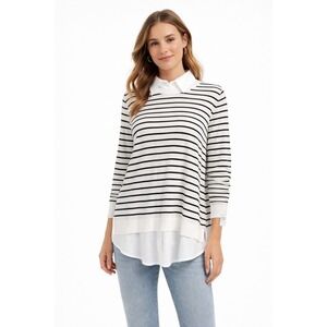 LOFT NWT Layered Look Sweater Black White Stripped Cotton Silk Blouse Large